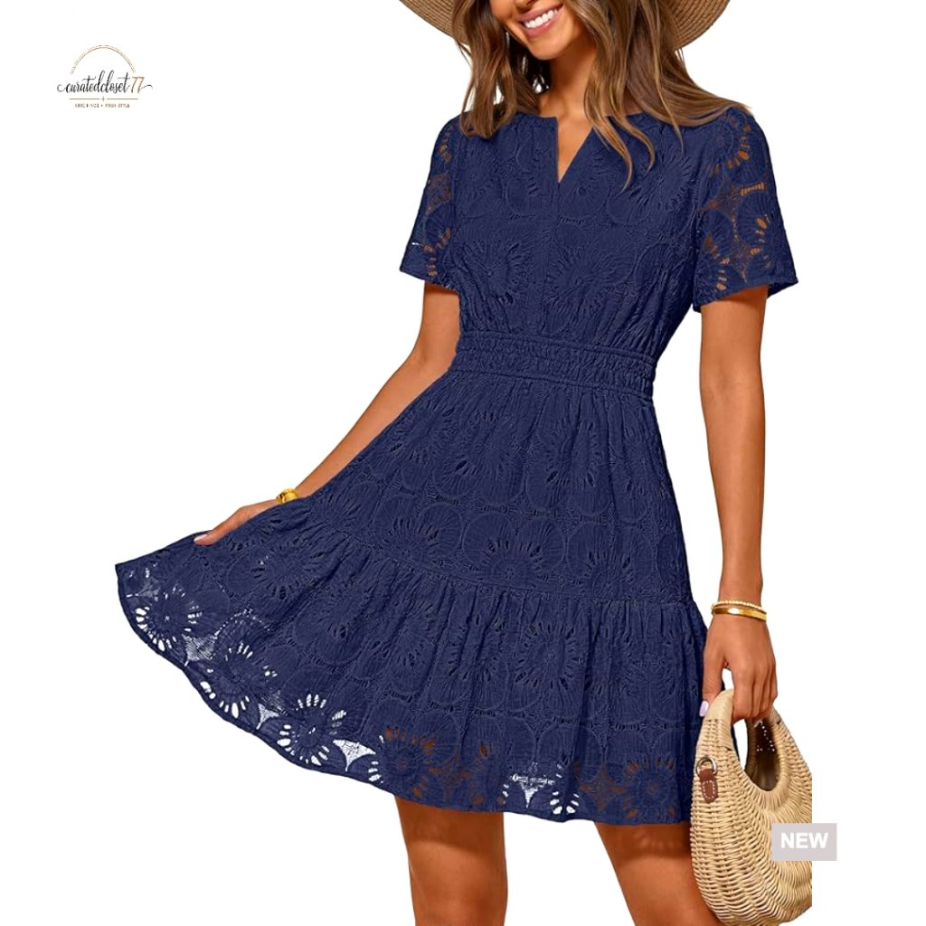 Lace Boho Mini Dress With Puff Sleeves, V-Neck, Side Pockets, Summer Casual